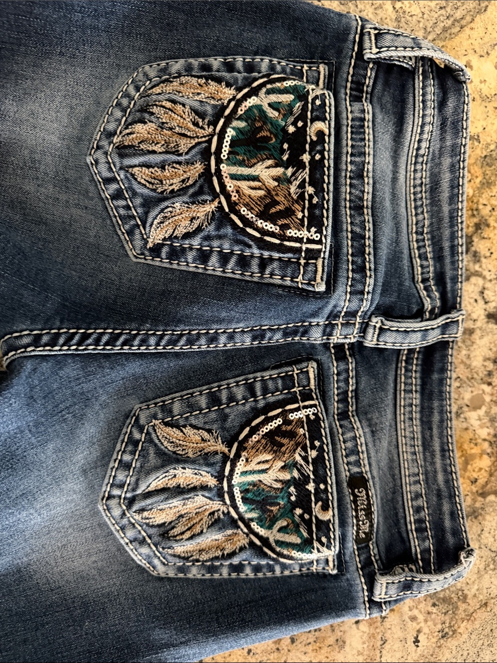 Miss Me Blue Bootcut Jeans with Embroidered Feather Pocket Detail